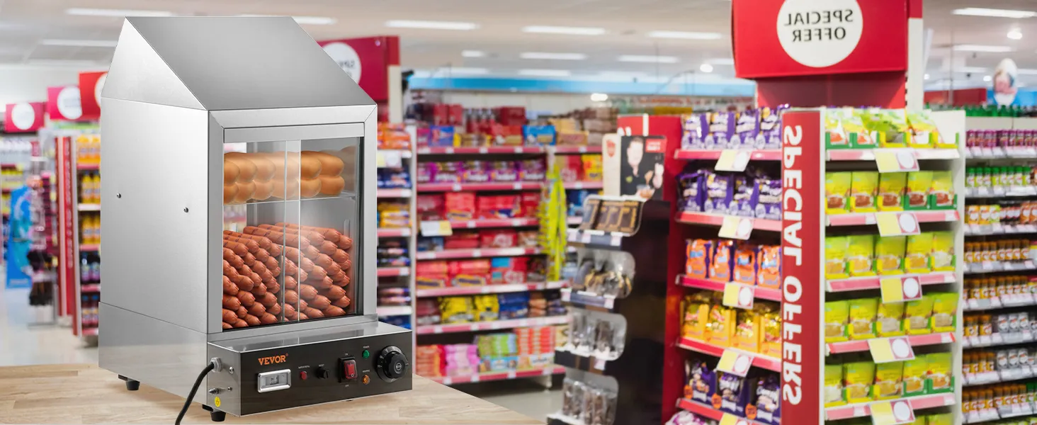 Vaporera para hot dogs VEVOR en un mostrador en el pasillo bien iluminado de una tienda de comestibles con bocadillos en el fondo.