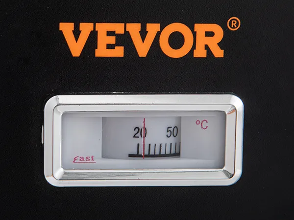 Indicador de temperatura del vaporizador para hot dogs VEVOR que muestra un rango de 20 a 50 grados centígrados.