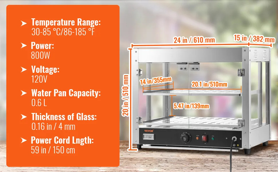 VEVOR food warmer specifications: temperature range, power, voltage, water pan capacity, glass thickness, and dimensions.