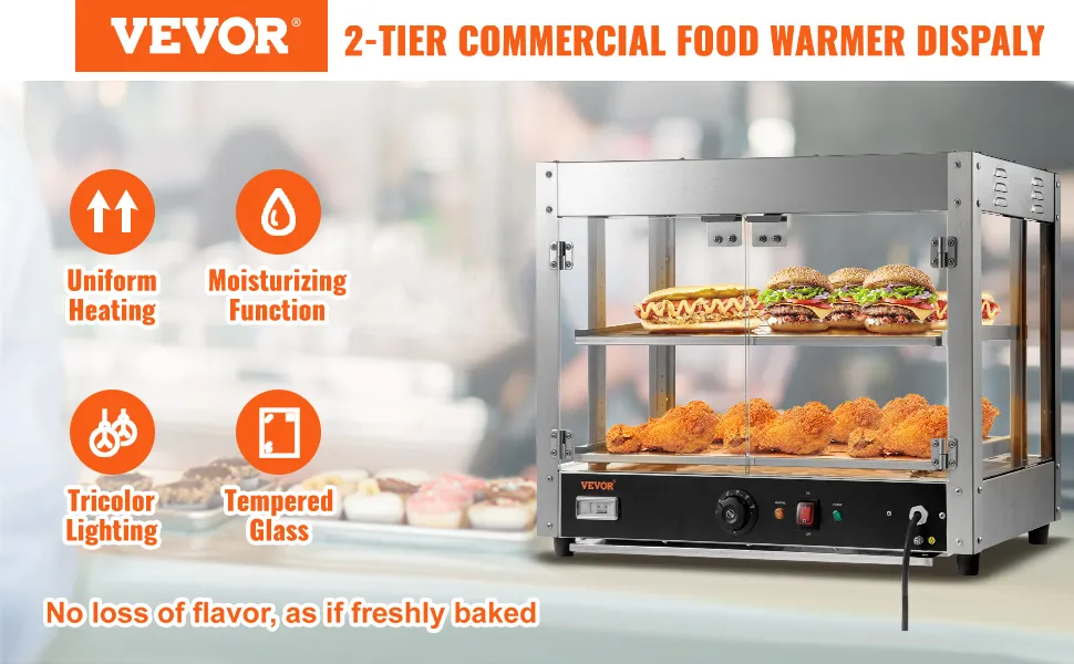 VEVOR food warmer with uniform heating and moisturizing function, displaying sandwiches and fried chicken.