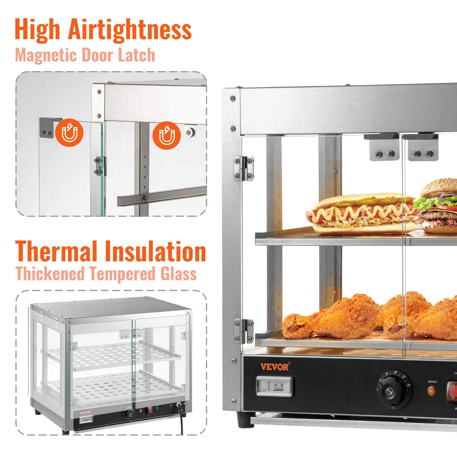 VEVOR food warmer with magnetic door latch, thickened tempered glass, showcasing sandwiches and fried chicken.