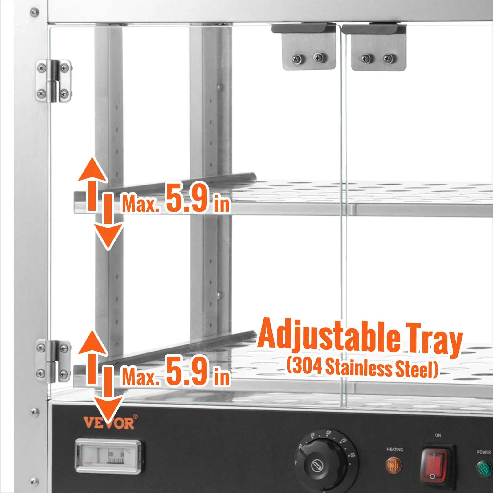 VEVOR food warmer with adjustable 304 stainless steel tray, max 5.9 inches height.