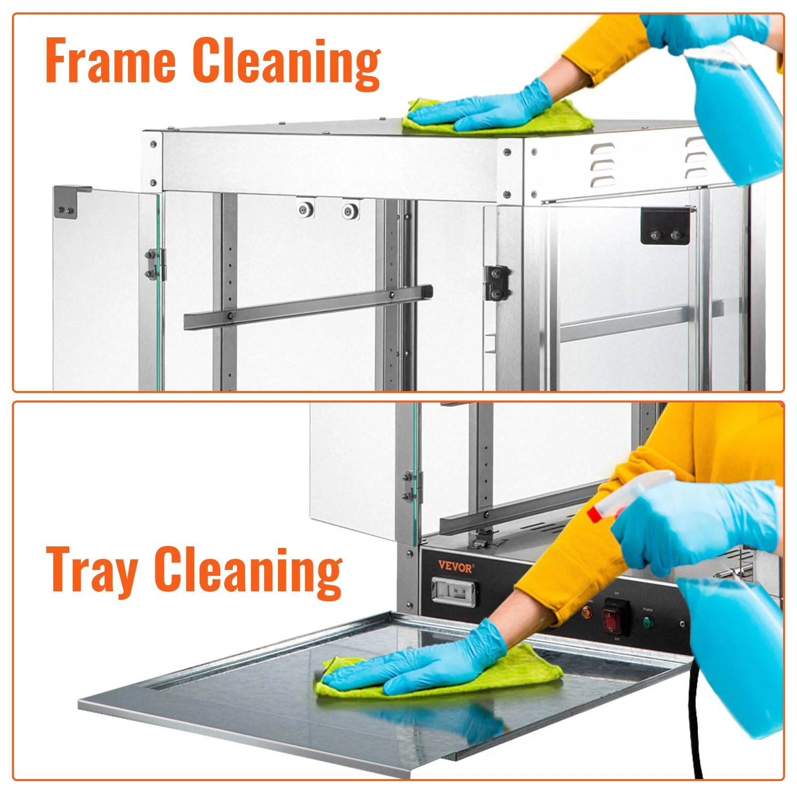 VEVOR food warmer cleaning with gloves, wiping frame, and tray using a cloth and spray bottle.