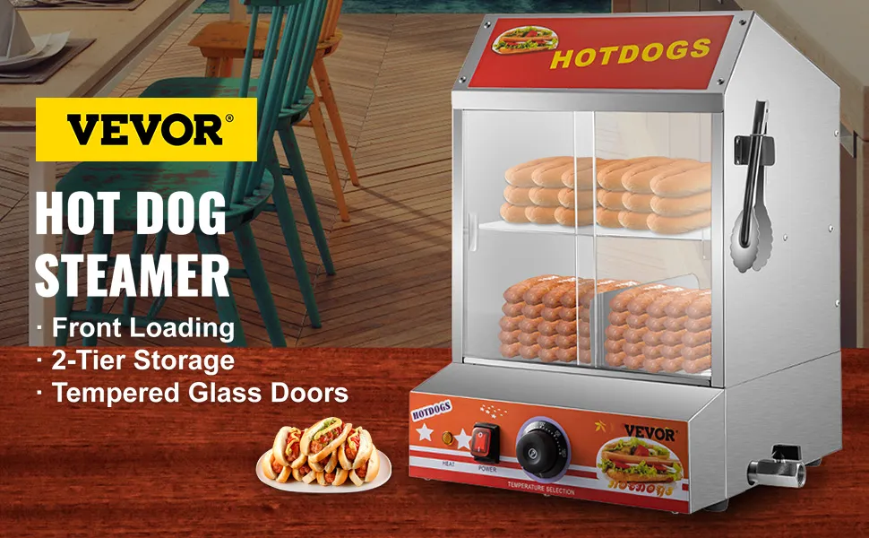 Vaporera para hot dogs VEVOR con carga frontal, almacenamiento de 2 niveles y puertas de vidrio templado.