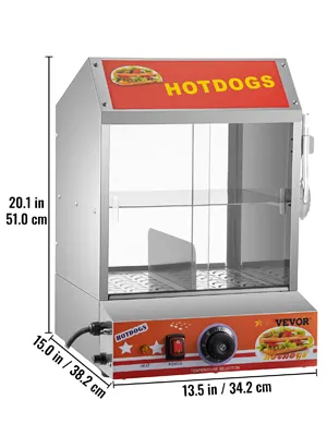 Vaporera para hot dogs VEVOR con puertas transparentes, letrero superior rojo y panel de control.