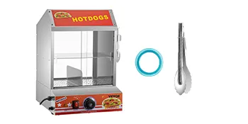 Vaporera para hot dogs VEVOR con accesorios: pinzas y anillo de sellado azul.