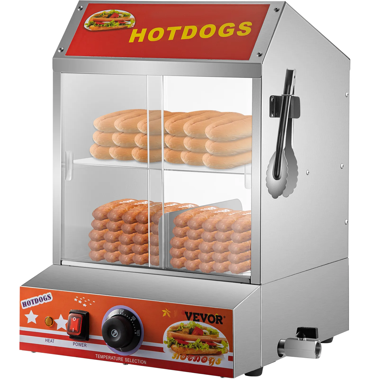 Vaporera para hot dogs VEVOR con panecillos y salchichas, con dial de calor y potencia.