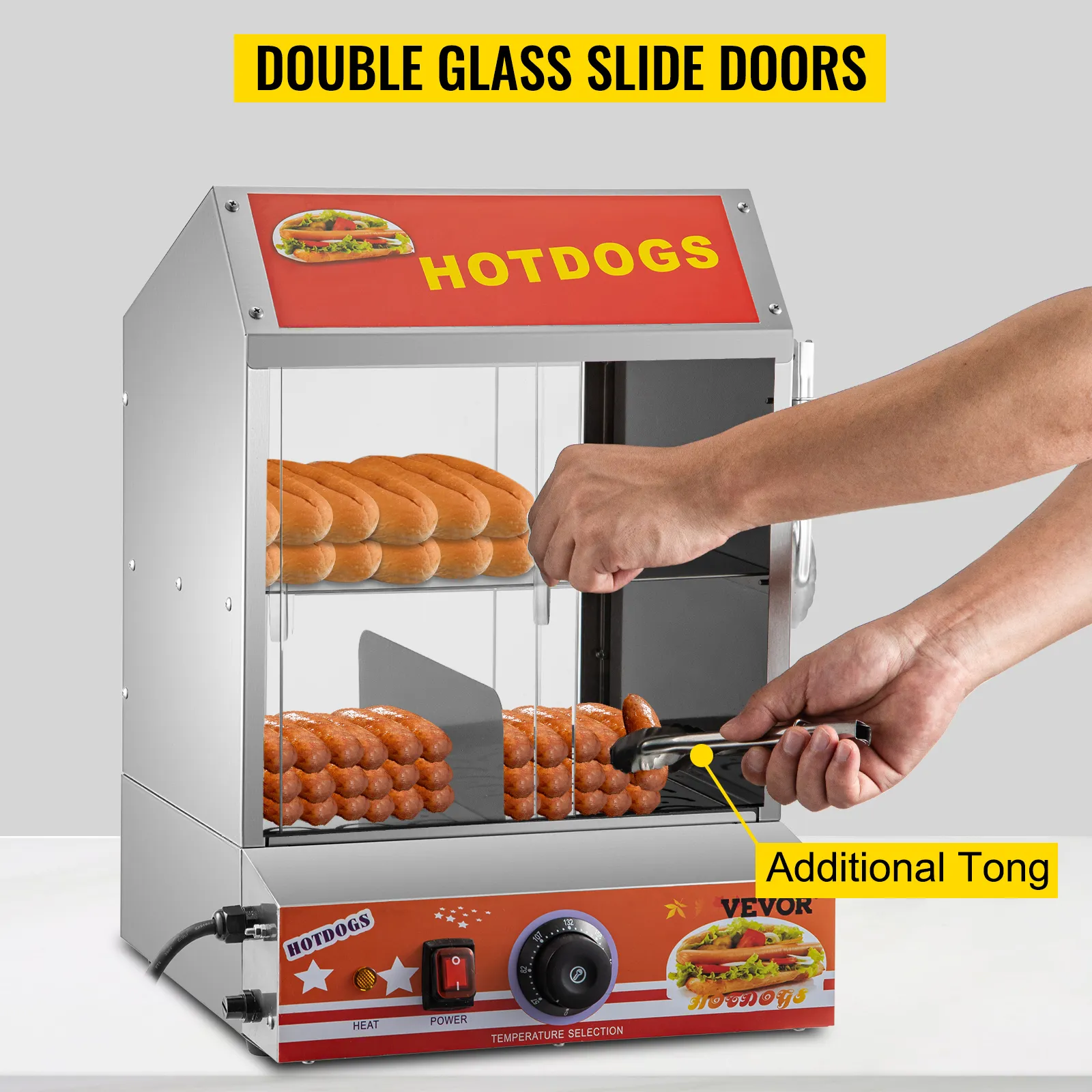 Vaporera para hot dogs VEVOR con puertas corredizas de vidrio doble y pinzas adicionales.
