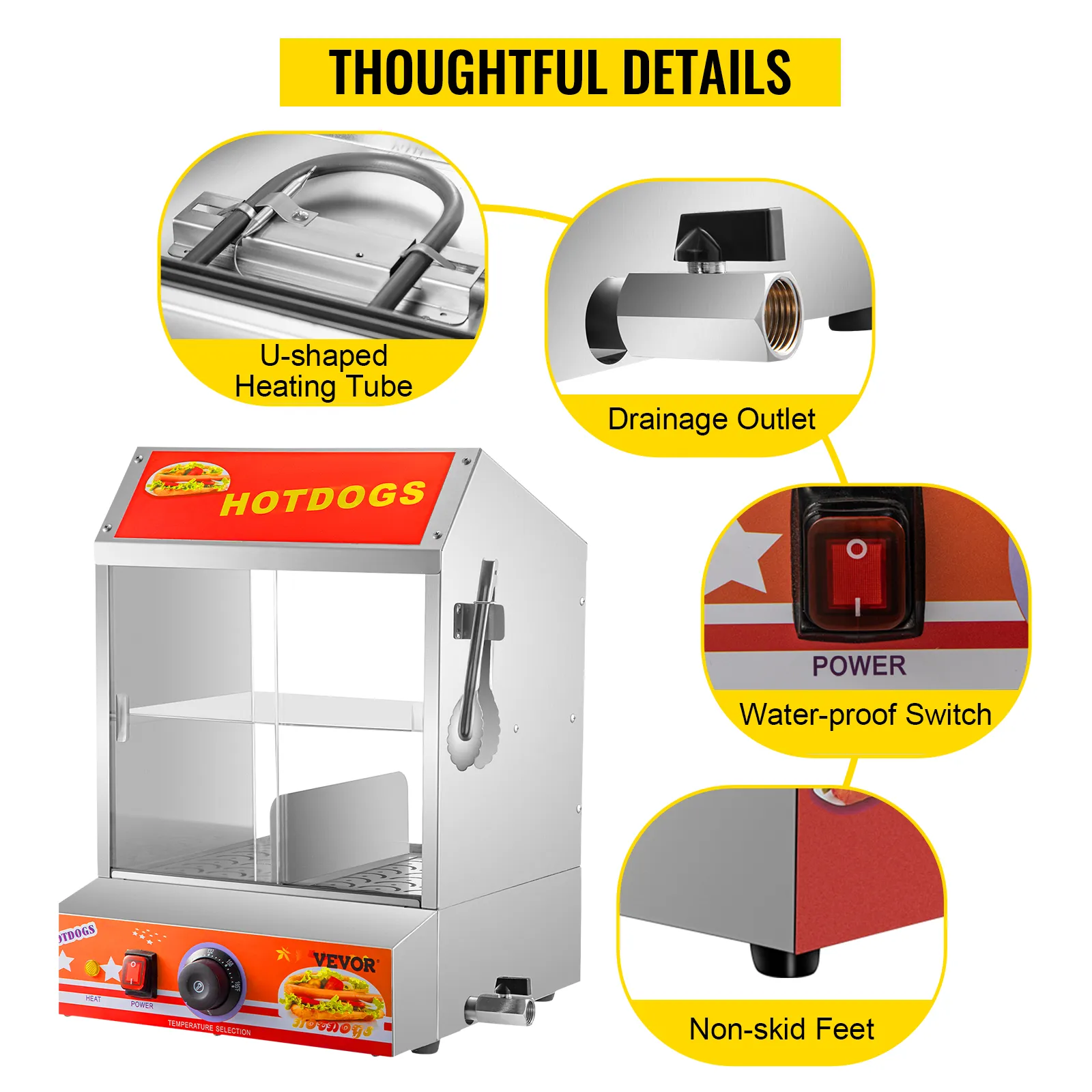 Vaporera para hot dogs VEVOR con tubo de calentamiento en forma de U, salida de drenaje, interruptor a prueba de agua y patas antideslizantes.