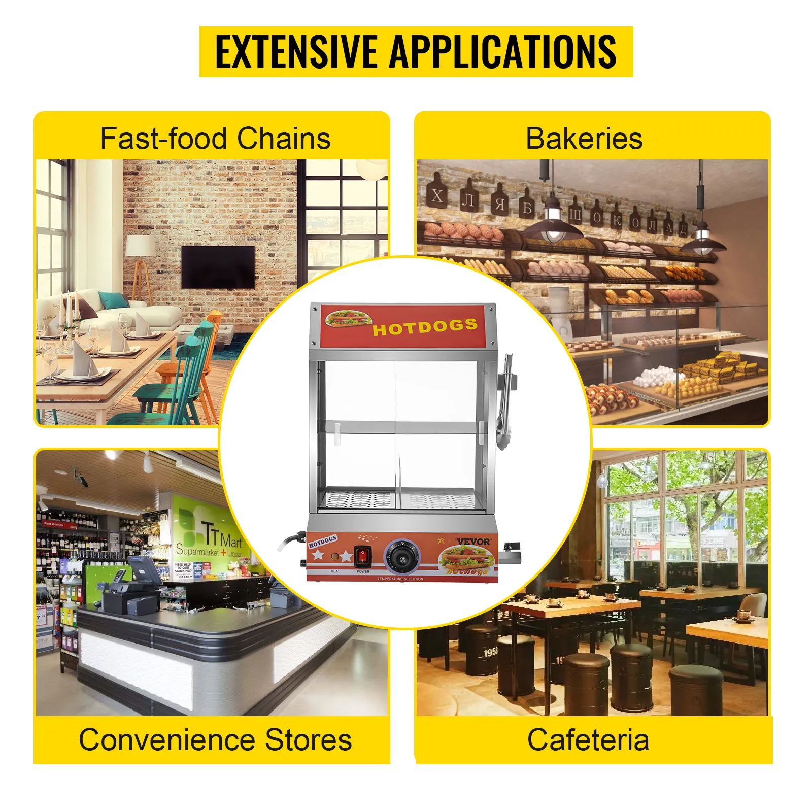 Vaporera para hot dogs VEVOR para cadenas de comida rápida, panaderías, tiendas de conveniencia y cafeterías.