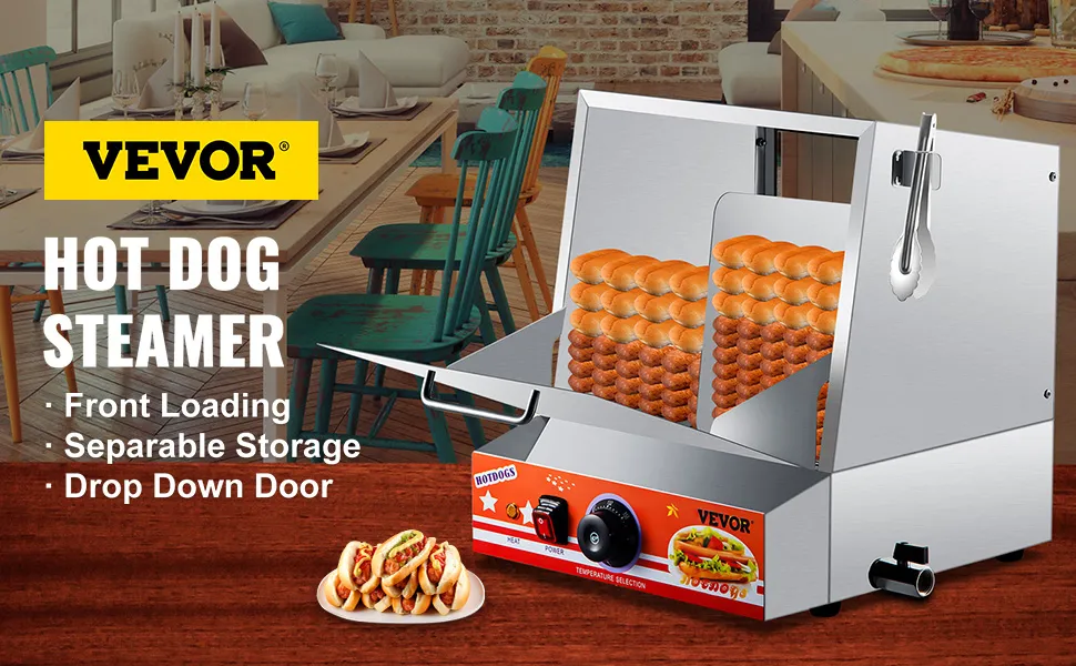 Vaporera para hot dogs VEVOR con carga frontal, almacenamiento separable y puerta abatible.