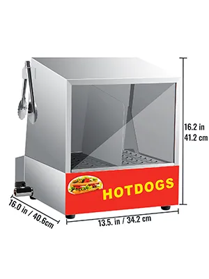 Vaporera para hot dogs VEVOR con puerta transparente y dimensiones etiquetadas.