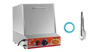 Vaporera para hot dogs VEVOR con pinzas y anillo azul sobre fondo blanco.