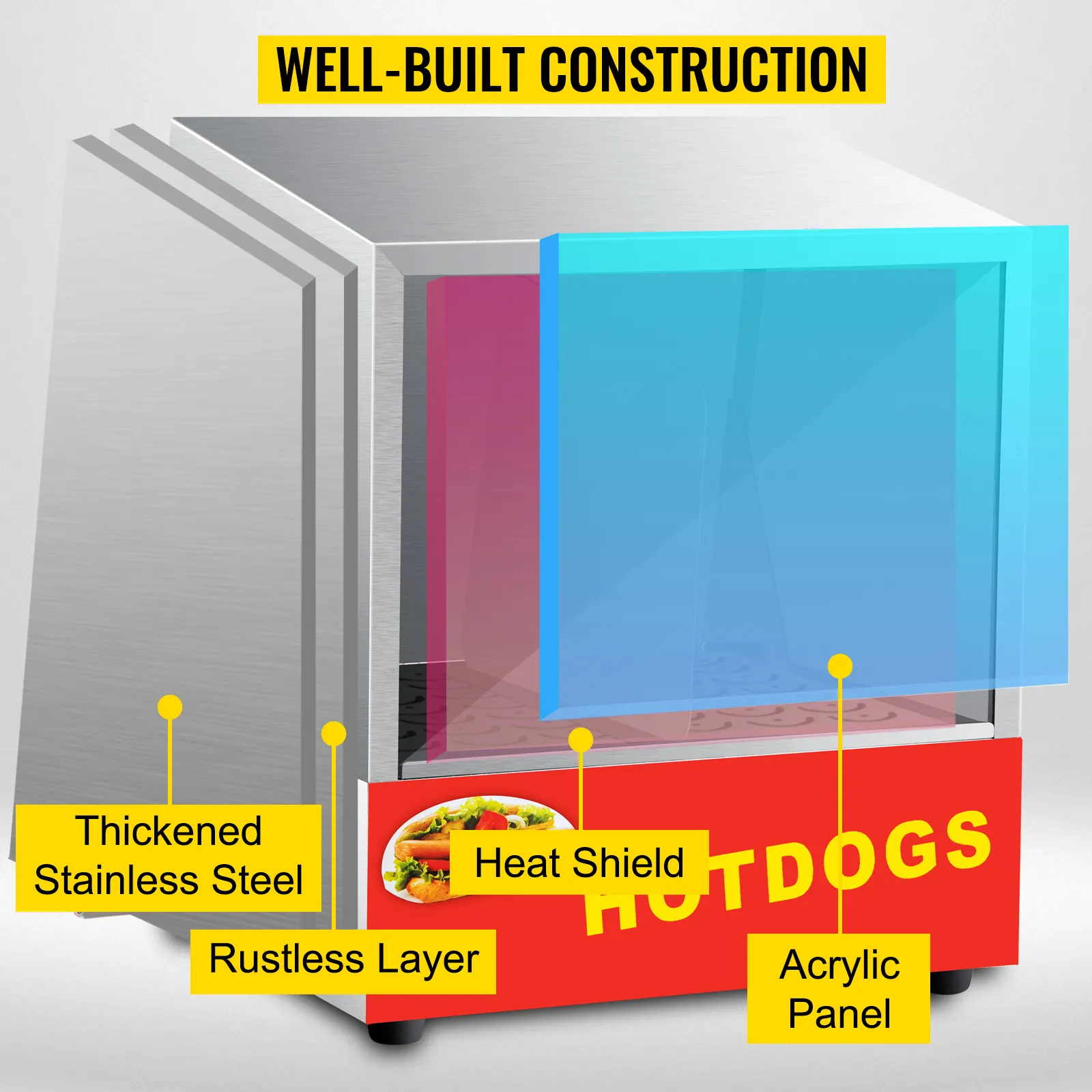 Vaporera para hot dogs VEVOR que cuenta con acero inoxidable, protector térmico y panel acrílico.