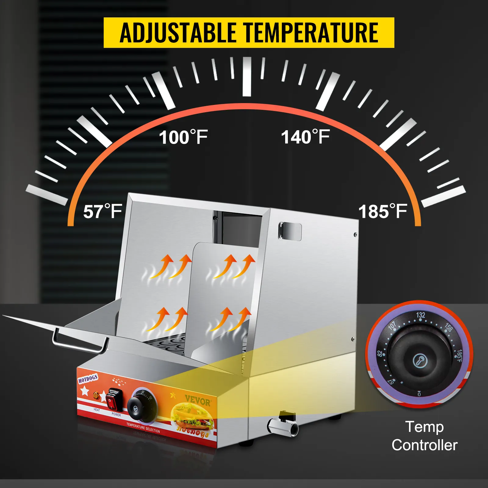 Vaporera para hot dogs VEVOR con indicador de temperatura ajustable y perilla de control.