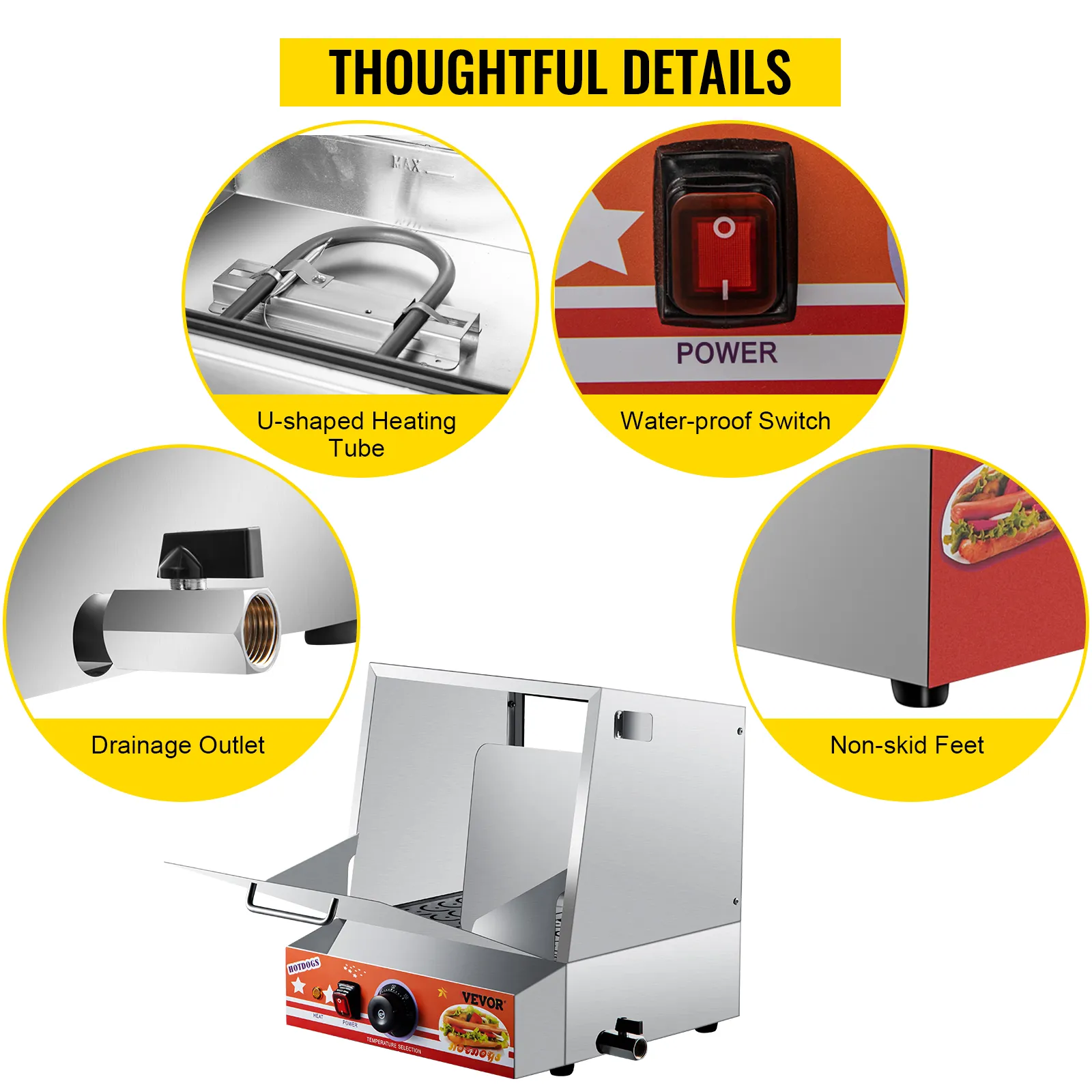 Vaporera para hot dogs VEVOR con tubo de calentamiento en forma de U, interruptor a prueba de agua, salida de drenaje y patas antideslizantes.