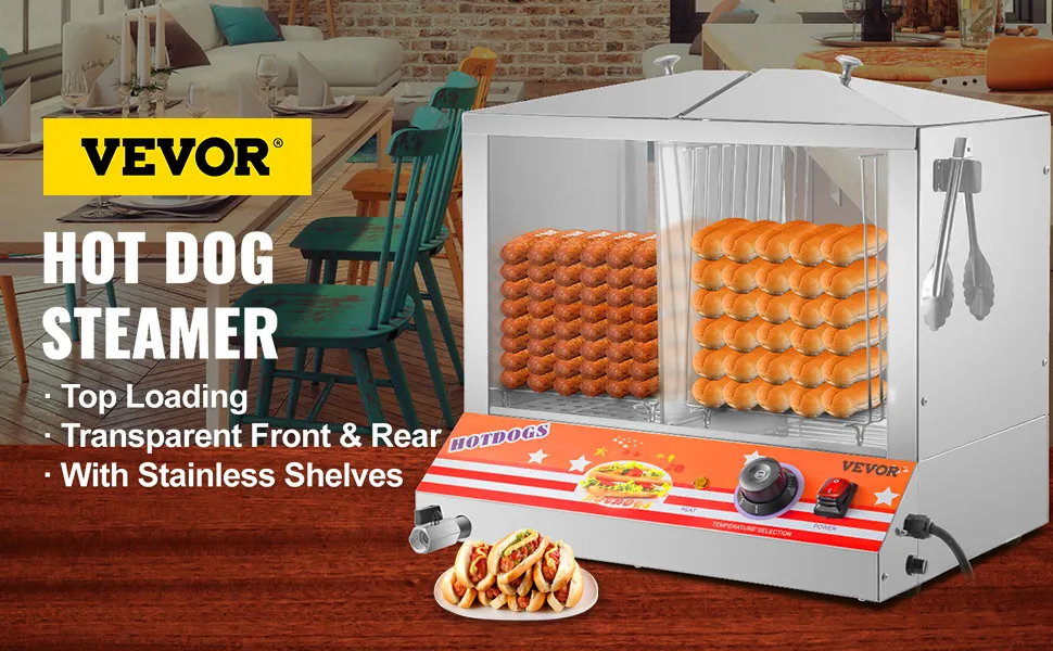 Vaporera para hot dogs VEVOR, carga superior, parte delantera y trasera transparentes, estantes de acero inoxidable.