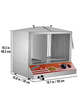 Vaporera para hot dogs VEVOR, acero inoxidable con panel de control frontal y dimensiones.