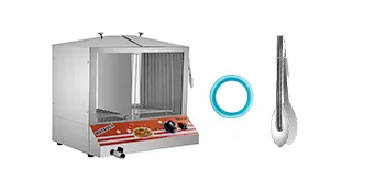 Vaporera para hot dogs VEVOR con perilla de control, manguera de agua y pinzas para servir.