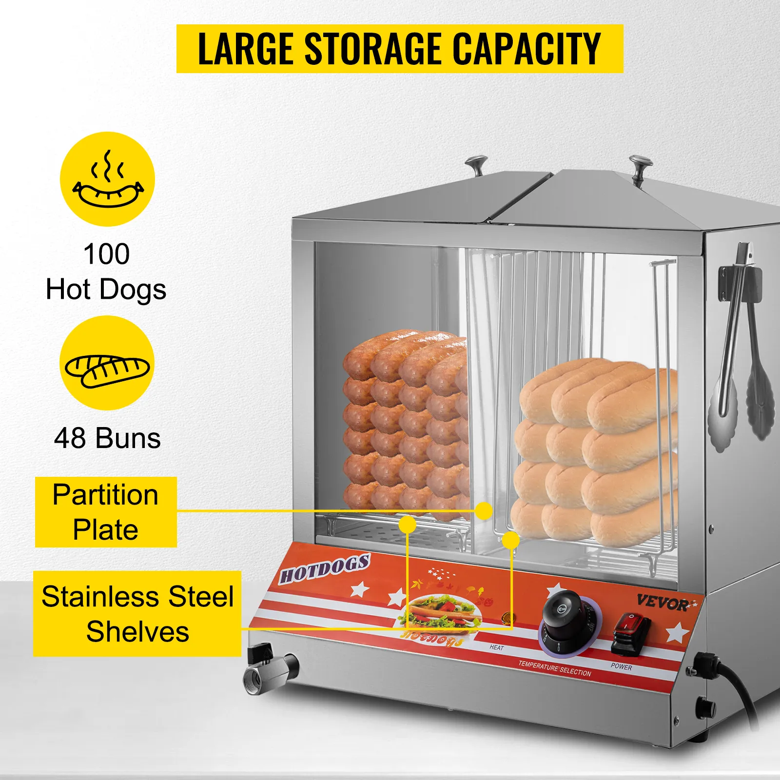 Vaporera para hot dogs VEVOR con gran capacidad de almacenamiento para 100 hot dogs y 48 panecillos.
