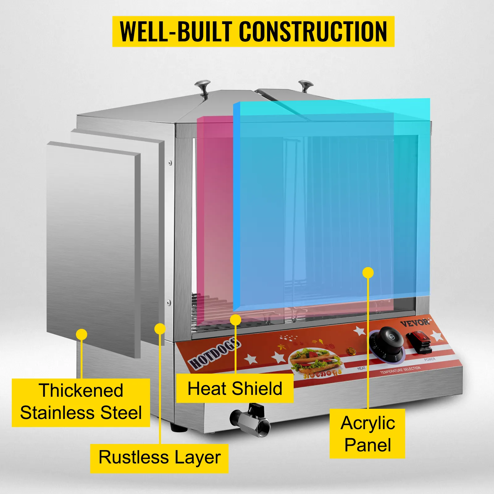 Vaporera para hot dogs VEVOR con panel acrílico, protector térmico y acero inoxidable engrosado.