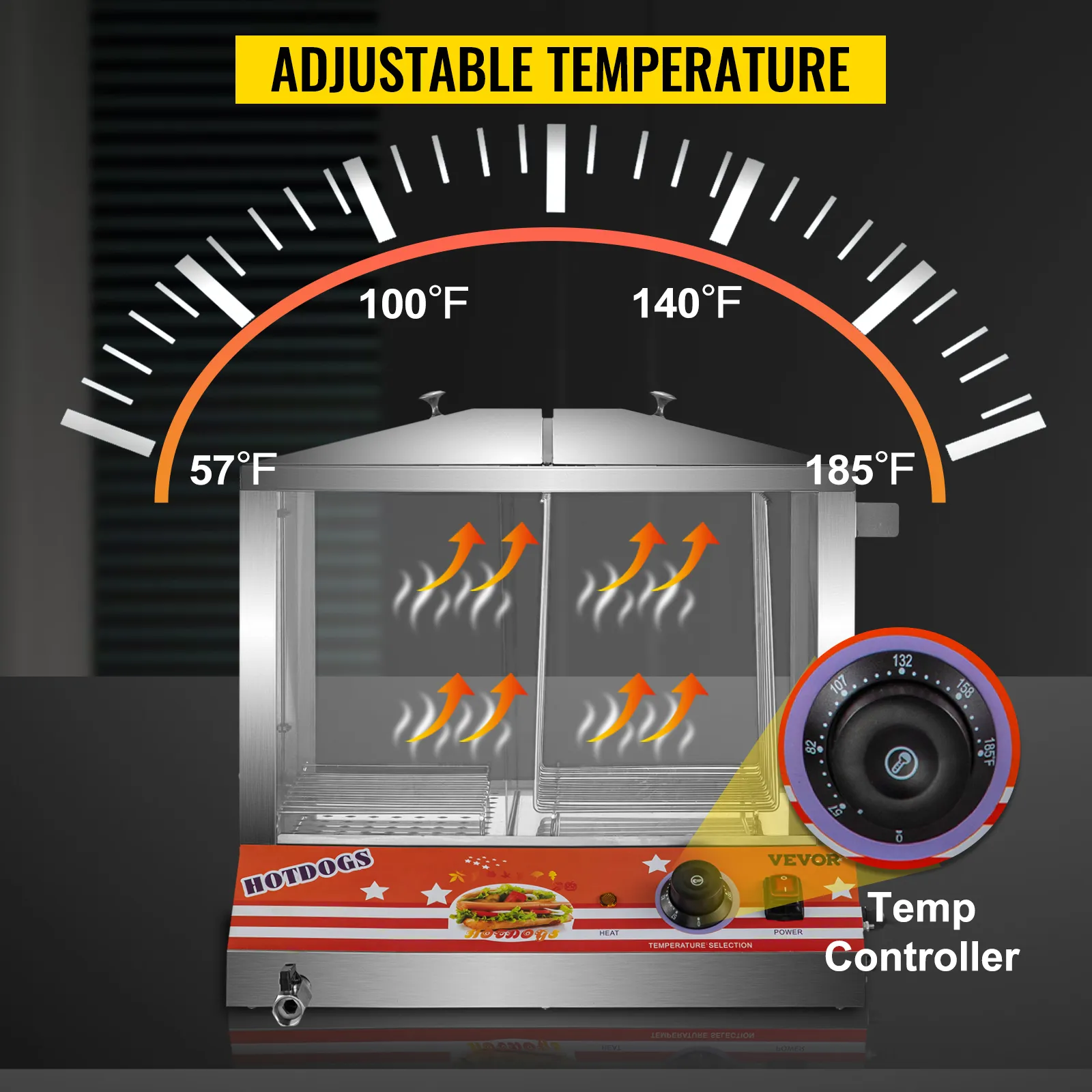 Vaporera para hot dogs VEVOR con control de temperatura ajustable, indicadores visuales de calor y perilla de temperatura.