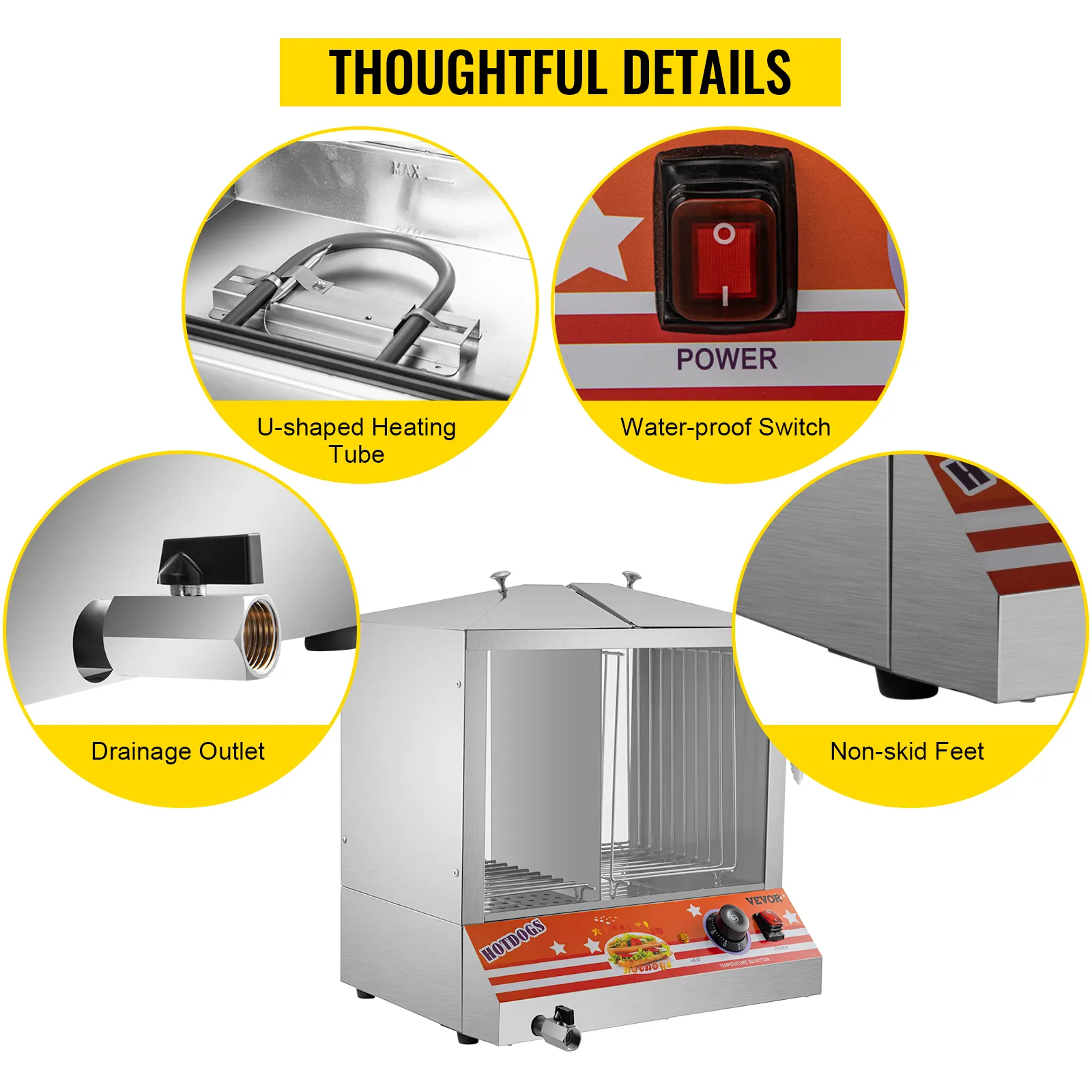 Vaporera para hot dogs VEVOR con tubo de calentamiento en forma de U, interruptor a prueba de agua y patas antideslizantes.