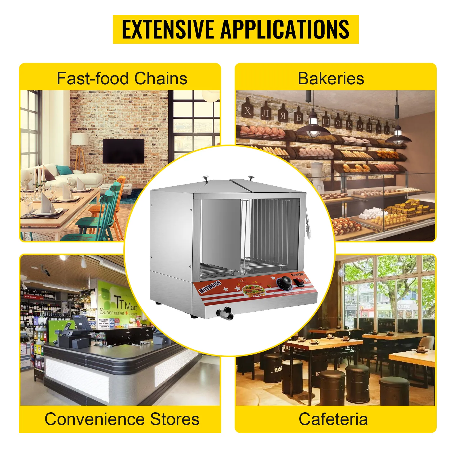 Vaporera para hot dogs VEVOR para cadenas de comida rápida, panaderías, tiendas de conveniencia y cafeterías.
