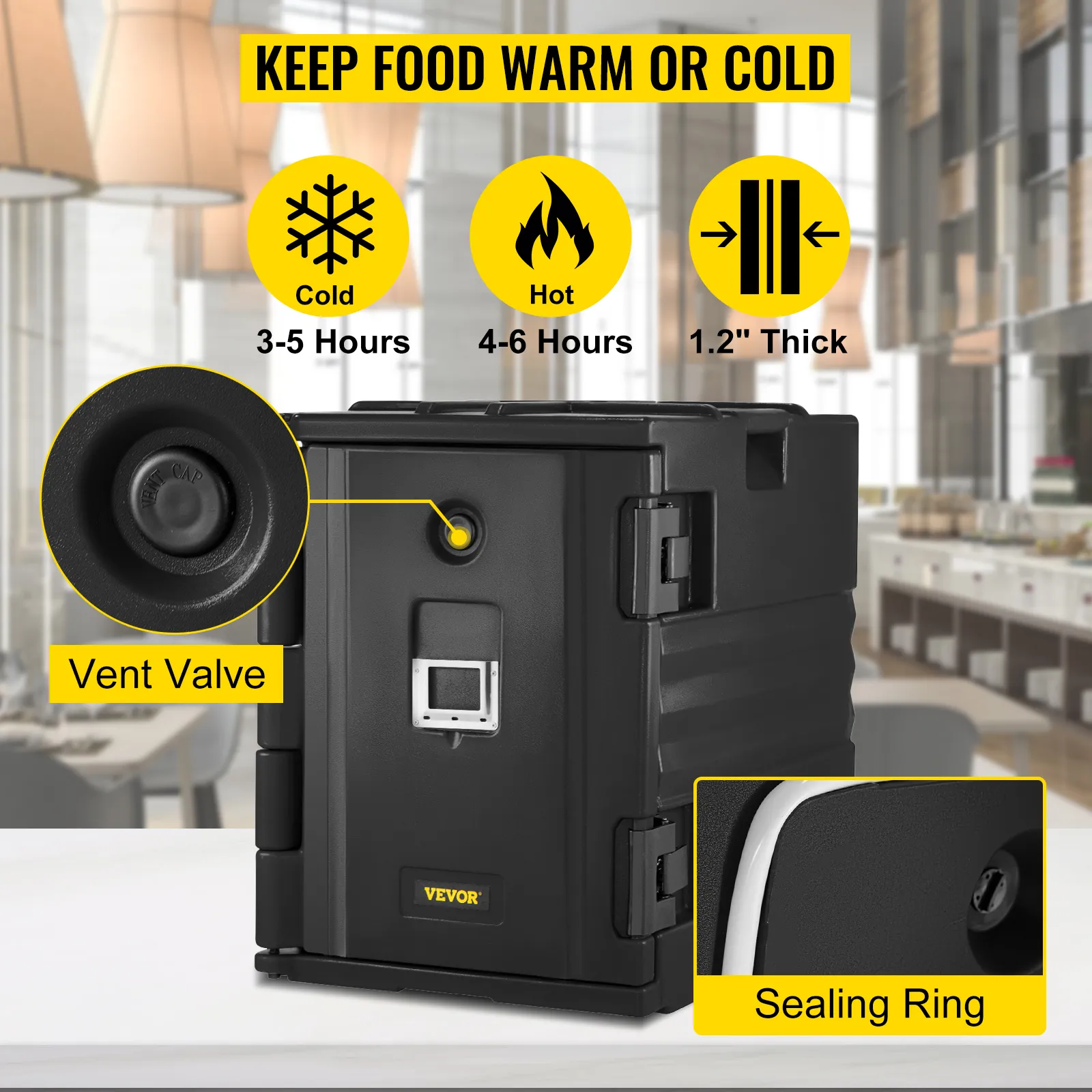 VEVOR insulated food pan carrier with vent valve, sealing ring, and temperature icons.