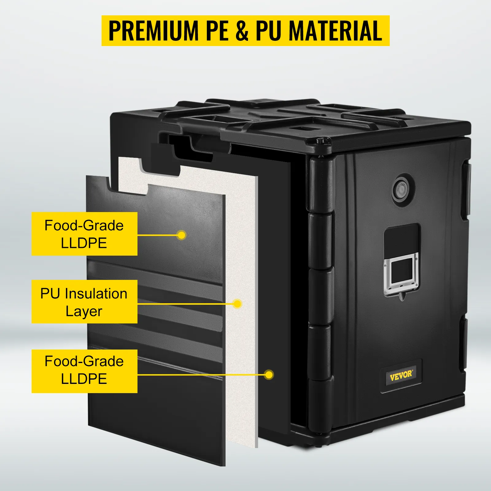 VEVOR insulated food pan carrier showing food-grade lldpe and pu insulation layers.