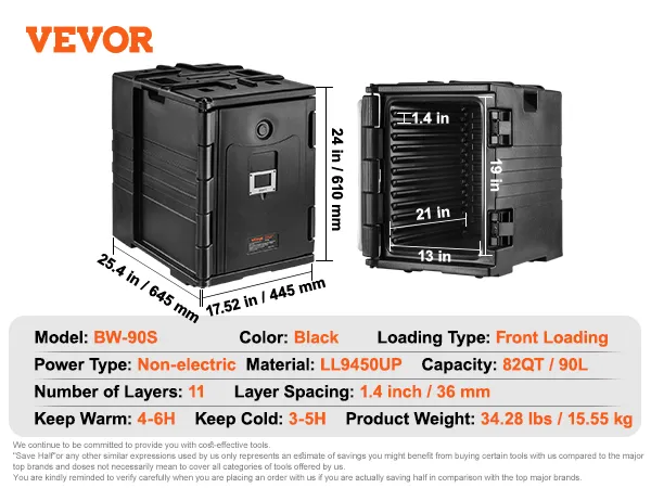 black VEVOR insulated food pan carrier, 90l capacity, front-loading, 11 layers, 34.28 lbs.