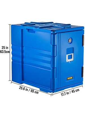Porta recipientes para alimentos con aislamiento VEVOR de color azul con dimensiones etiquetadas.