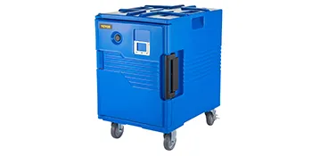 Porta recipientes para alimentos con aislamiento VEVOR azul sobre ruedas con asa lateral y pantalla digital.