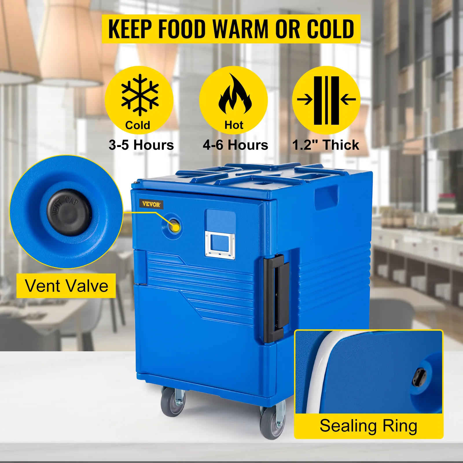 Porta recipientes aislantes para alimentos VEVOR: unidad azul con válvula de ventilación, anillo de sellado y sobre ruedas.