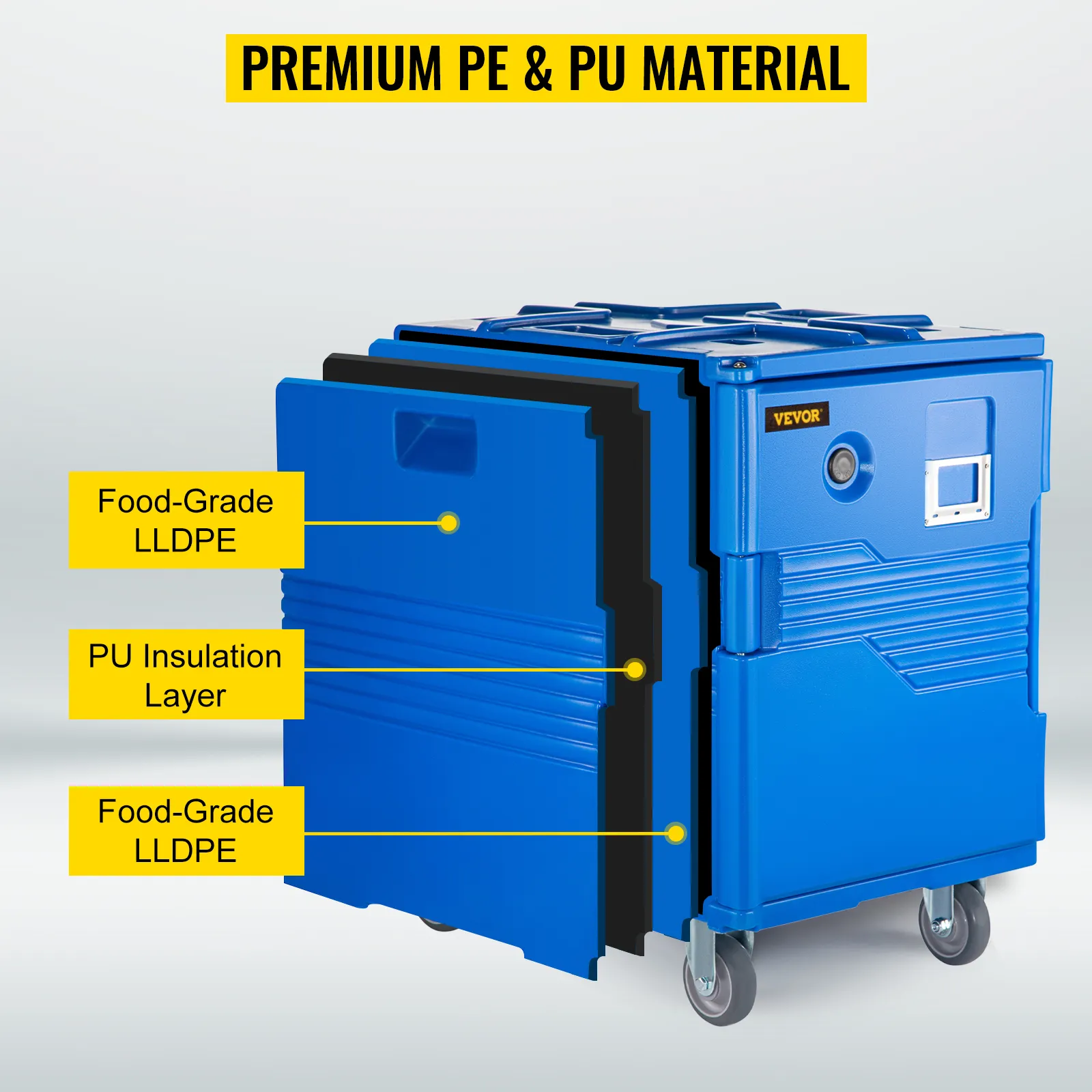 Porta recipientes para alimentos con aislamiento VEVOR con material de PE y PU de primera calidad y capas de aislamiento.