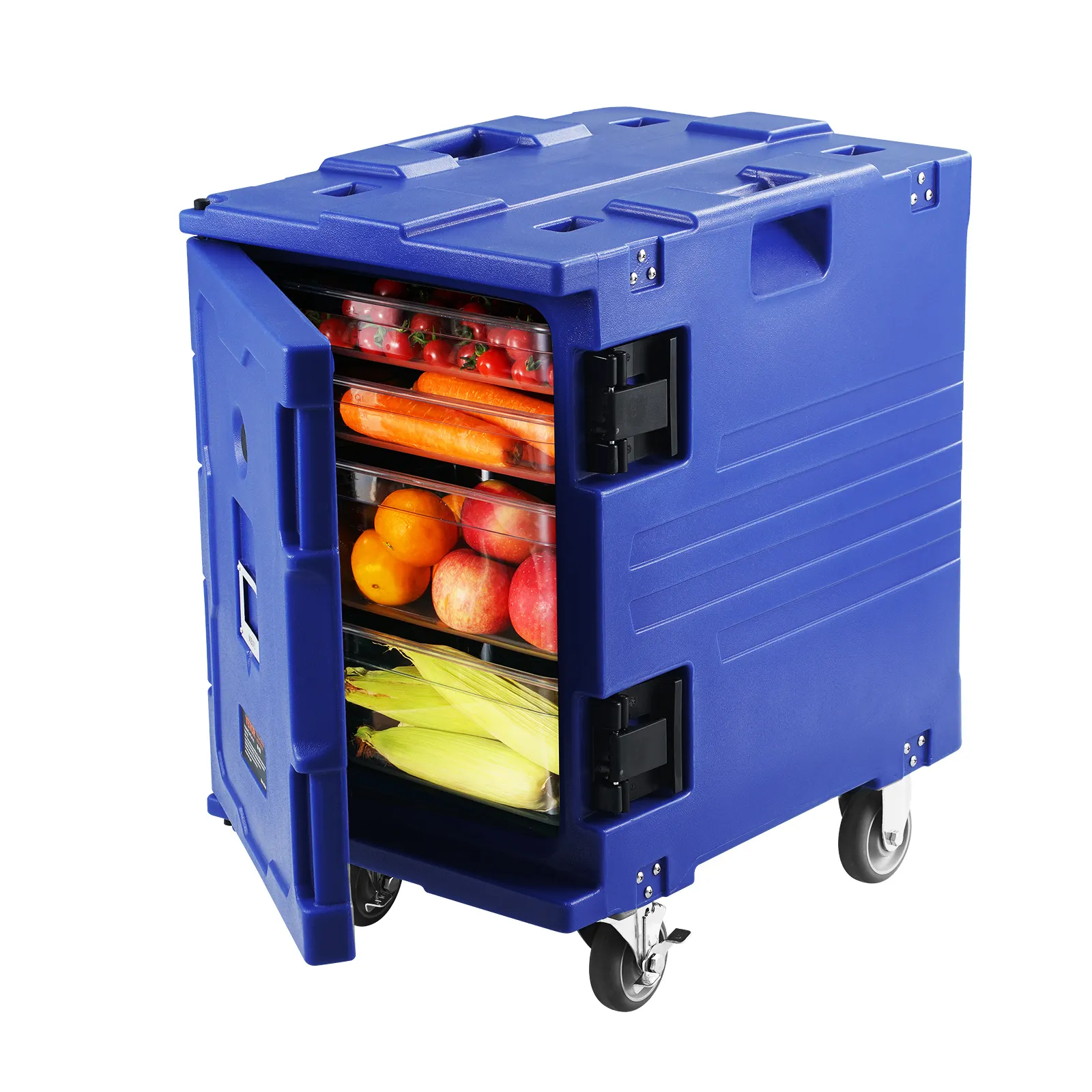 Porta alimentos aislado VEVOR con frutas, verduras y puertas con pestillo de seguridad.