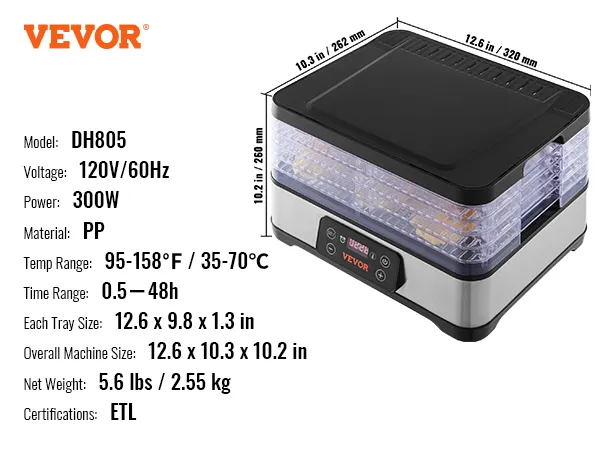 Deshidratador de alimentos VEVOR dh805, 120 v/60 hz, 300 w, material pp, temperatura 95-158 °f, tamaño 12,6 x 10,3 x 10,2 pulgadas.