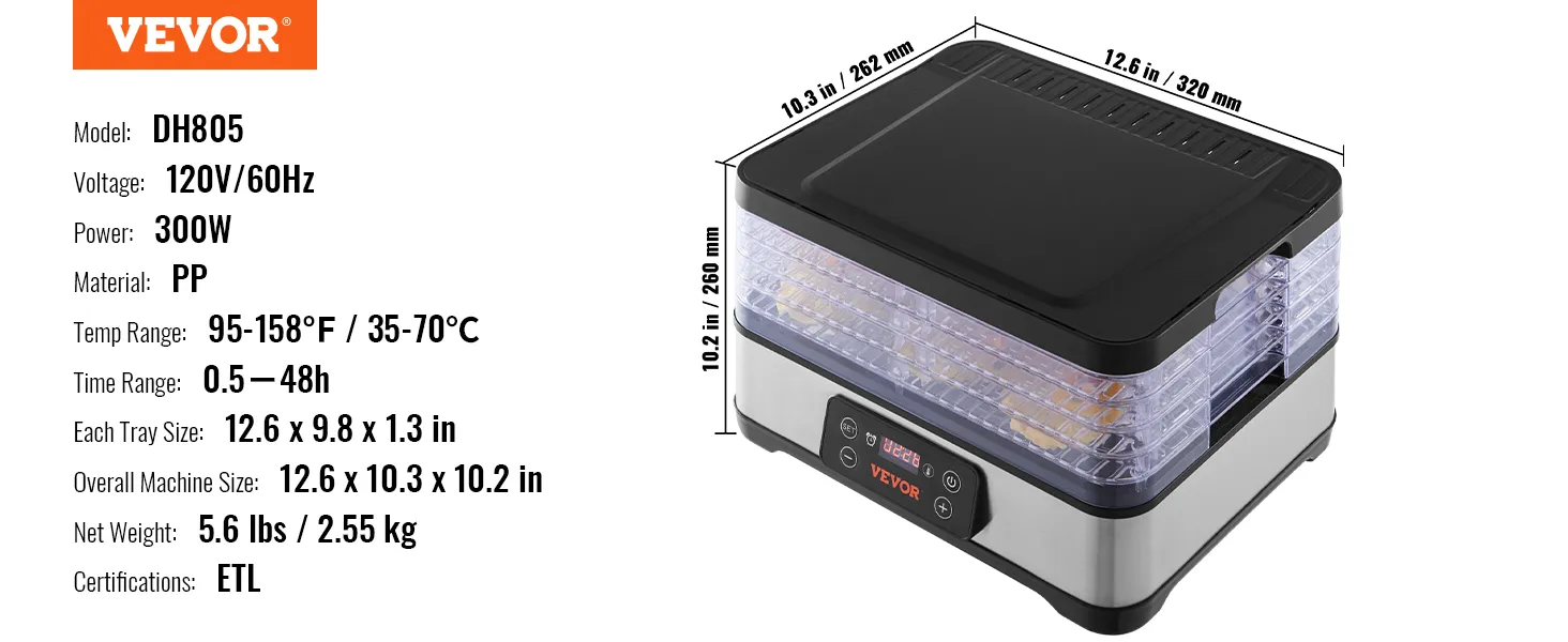 Deshidratador de alimentos VEVOR dh805, 120 v/60 hz, 300 w, material pp, temperatura 95-158 °f, tamaño 12,6 x 10,3 x 10,2 pulgadas.