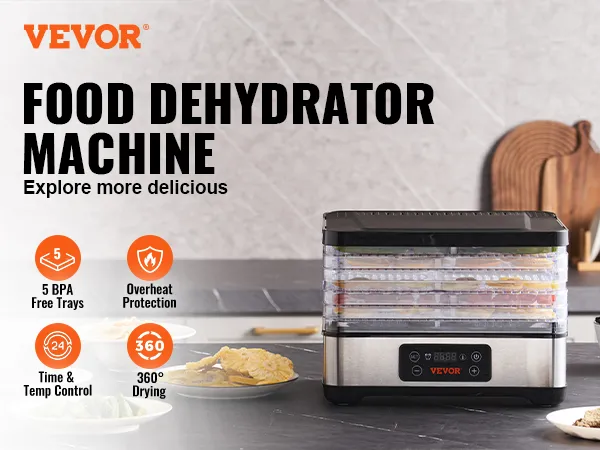 Deshidratador de alimentos VEVOR con 5 bandejas libres de BPA, secado de 360°, control de tiempo y temperatura, protección contra sobrecalentamiento.