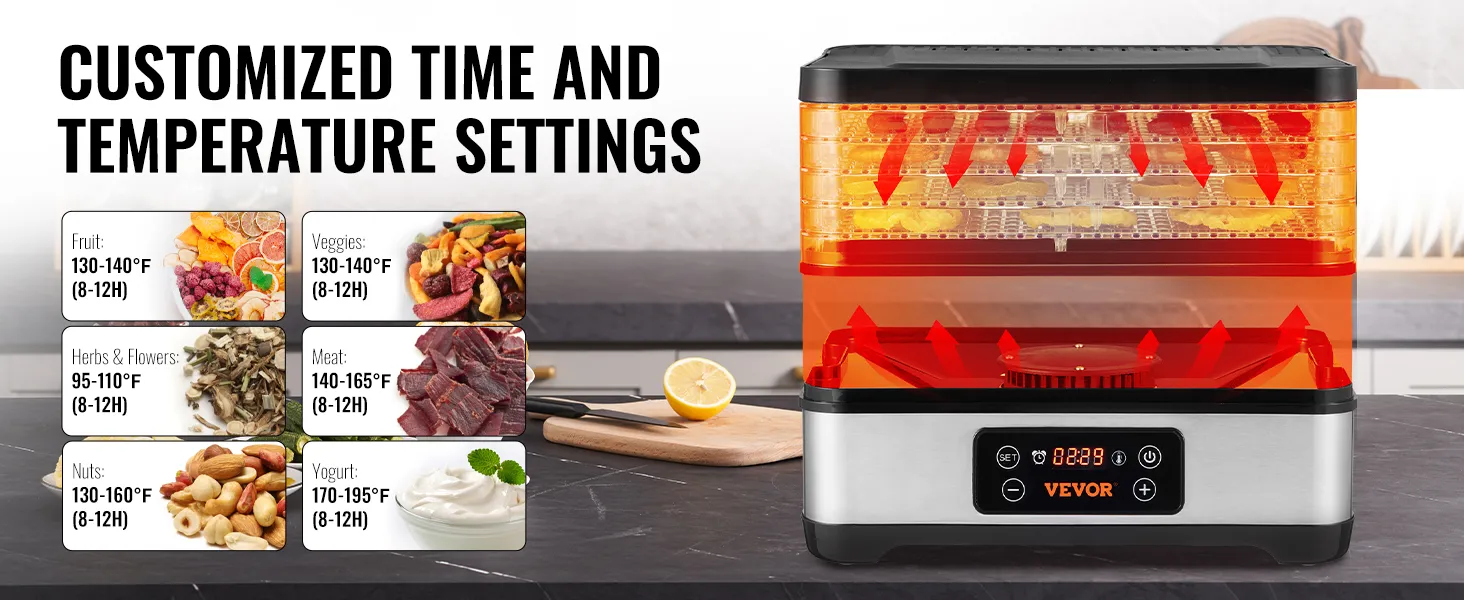 Deshidratador de alimentos VEVOR con configuraciones de tiempo y temperatura personalizables para frutas, verduras, carne y más.
