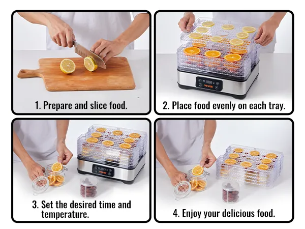 Pasos para deshidratar alimentos con el deshidratador de alimentos VEVOR: cortar, colocar, configurar el tiempo/temperatura y disfrutar.