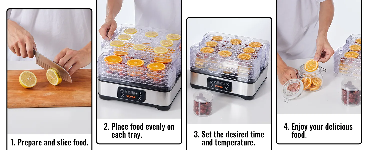 Pasos para deshidratar alimentos con el deshidratador de alimentos VEVOR: cortar, colocar, configurar el tiempo/temperatura y disfrutar.