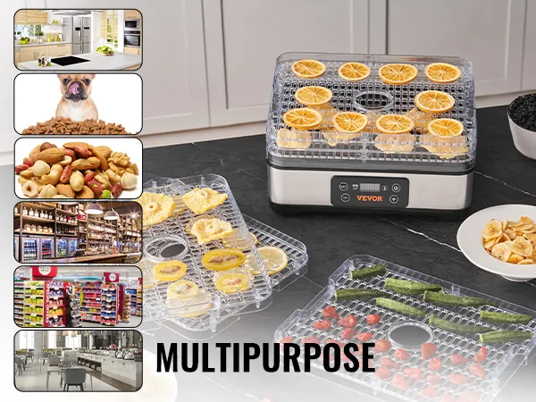 Deshidratador de alimentos VEVOR con una variedad de frutas secas, nueces y alimentos para mascotas en la cocina. Uso multipropósito.