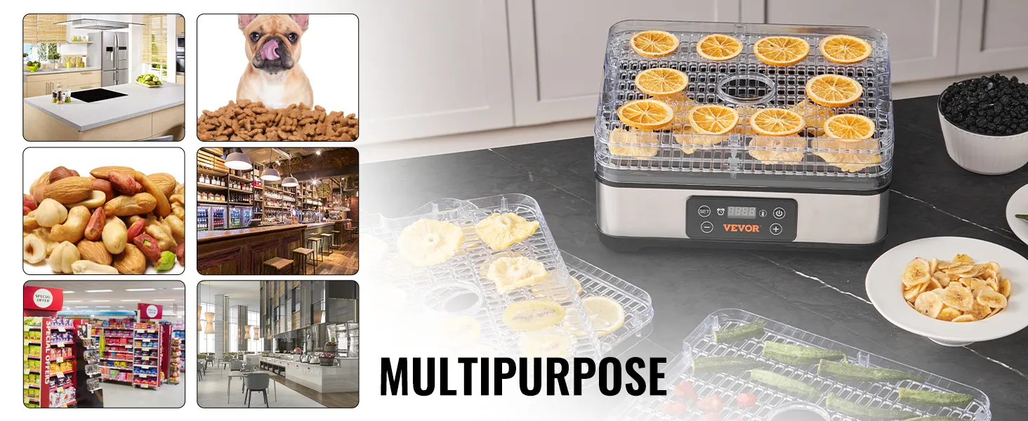 Deshidratador de alimentos VEVOR con una variedad de frutas secas, nueces y alimentos para mascotas en la cocina. Uso multipropósito.