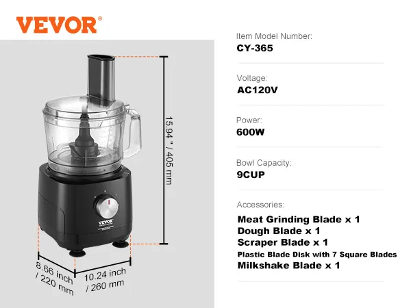 VEVOR food processor with 9-cup bowl, cy-365 model, 600w power, includes various blades and accessories.
