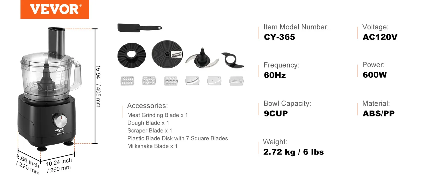 VEVOR food processor with 9-cup bowl, cy-365 model, 600w power, includes various blades and accessories.