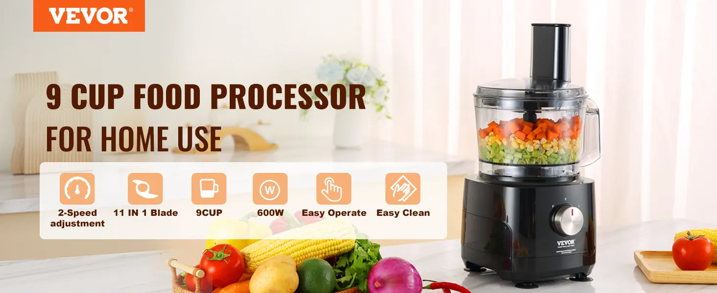 VEVOR food processor with 9-cup capacity, 2-speed adjustment, and easy clean features on a kitchen counter.
