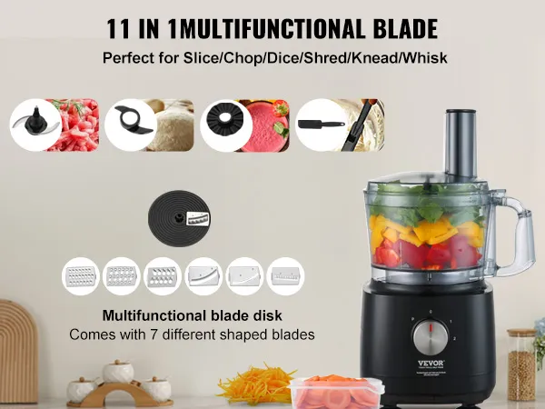 VEVOR food processor with 11 multifunctional blades for slicing, chopping, dicing, shredding, kneading, and whisking.