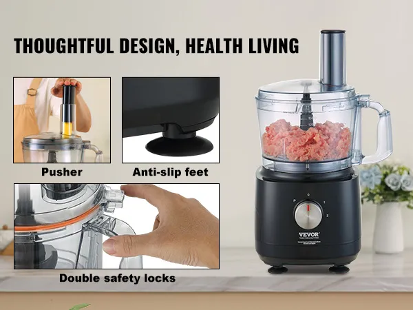 VEVOR food processor with pusher, double safety locks, anti-slip feet, and minced meat in bowl.