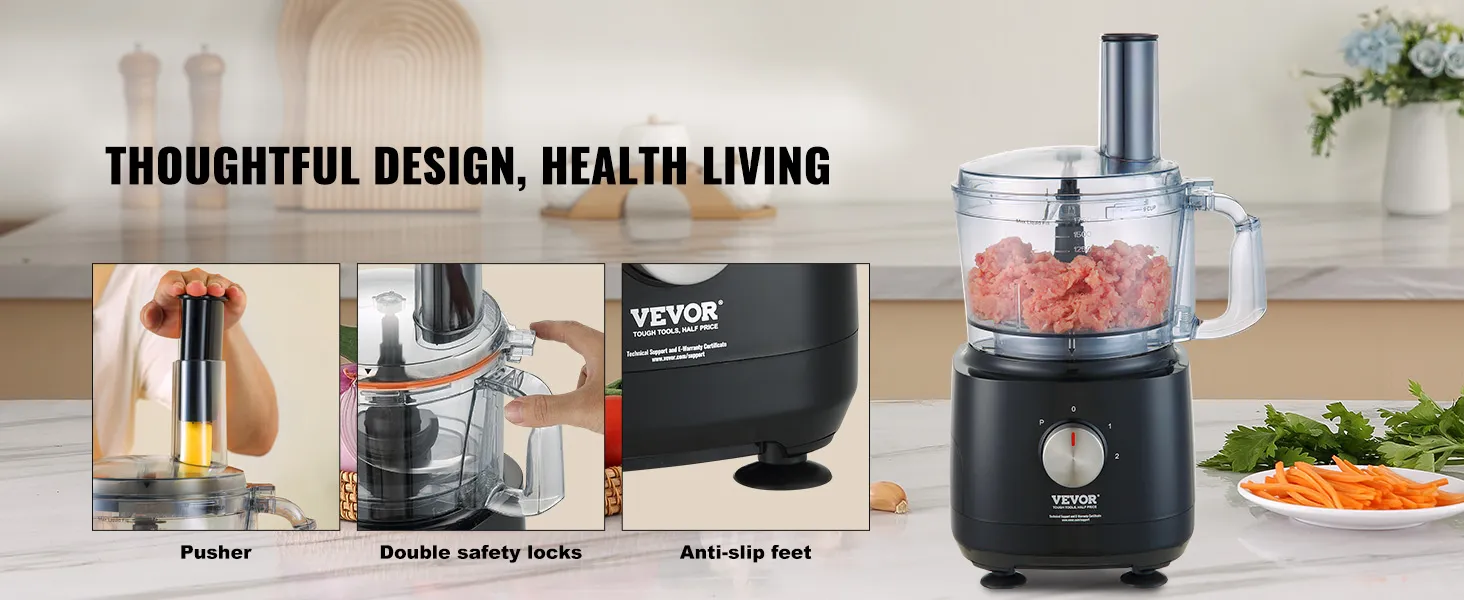 VEVOR food processor with pusher, double safety locks, anti-slip feet, and minced meat in bowl.